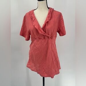 Flax 100%‎ Linen Ruffle V-Neck Blouse Women’s Small Coral Pink